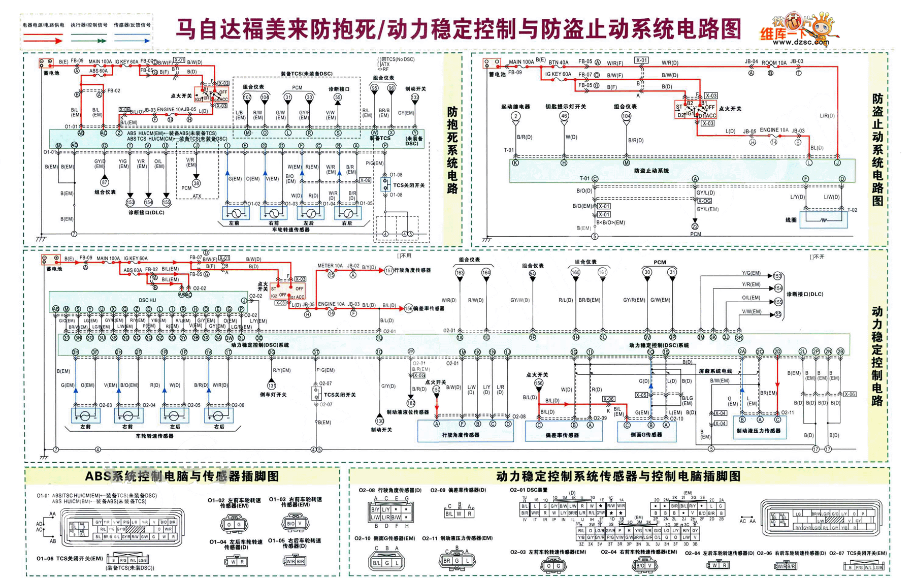 马自达福美来防抱死及动力稳定控制与防盗止动系统电路图