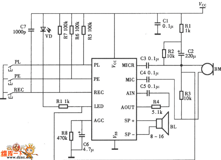 采用ml-1020的录音喊话器电路图