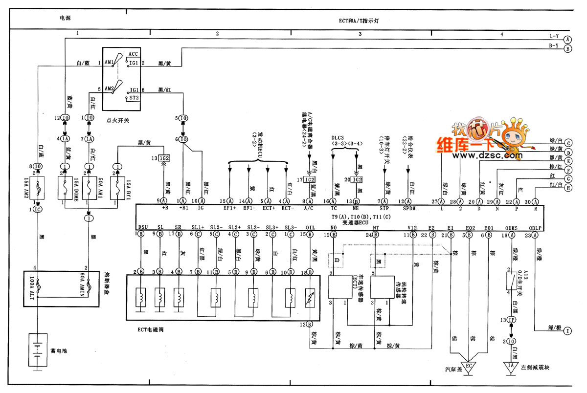 丰田a340e自动变速器d2档油路电路图
