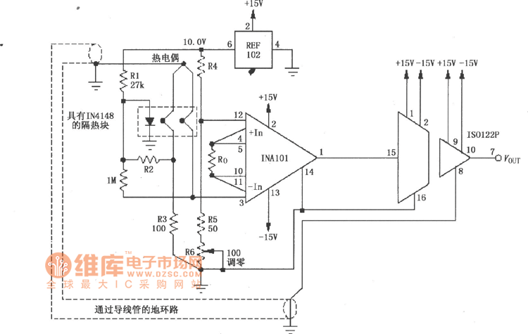 热电偶放大电路(ISO122P/124、INA101)电路图