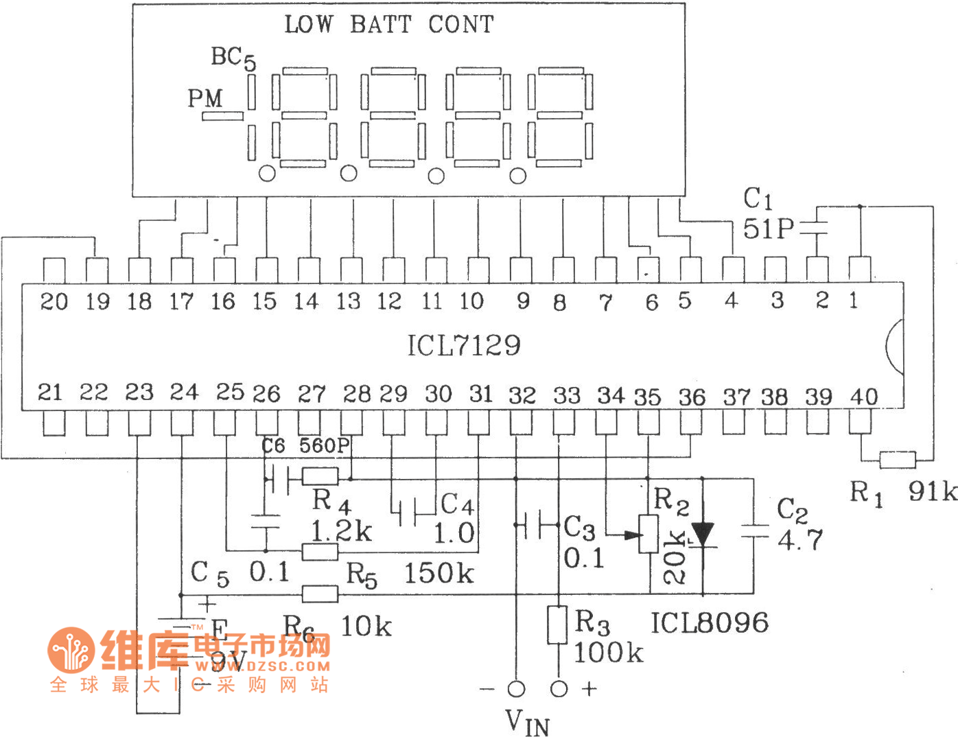 由4 1/2位积分式AA/D转换器ICL7129构成的数字电压表电路图