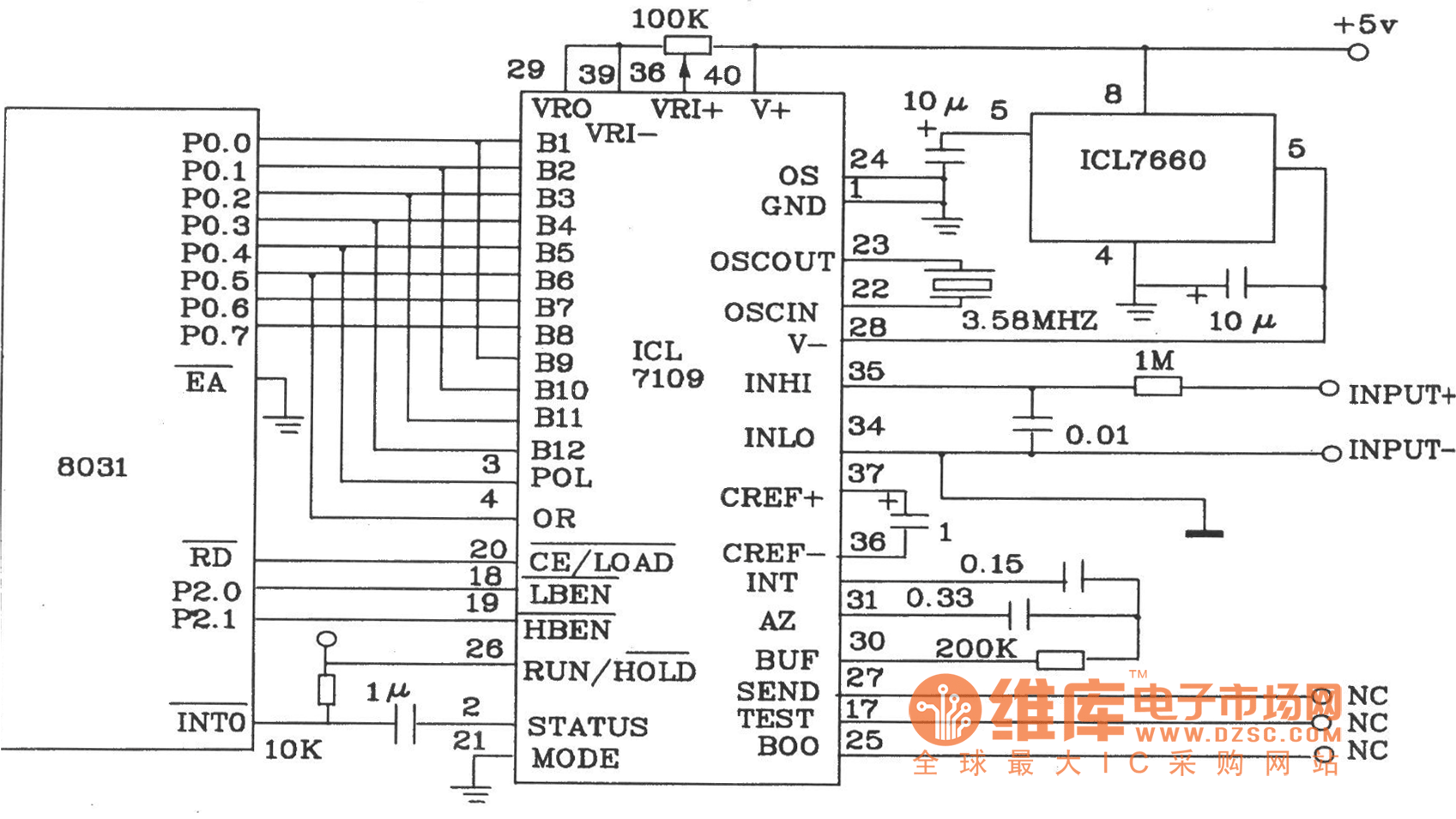 由12位双积分A/D转换器ICL7109与8031单片机构成的接口电路图