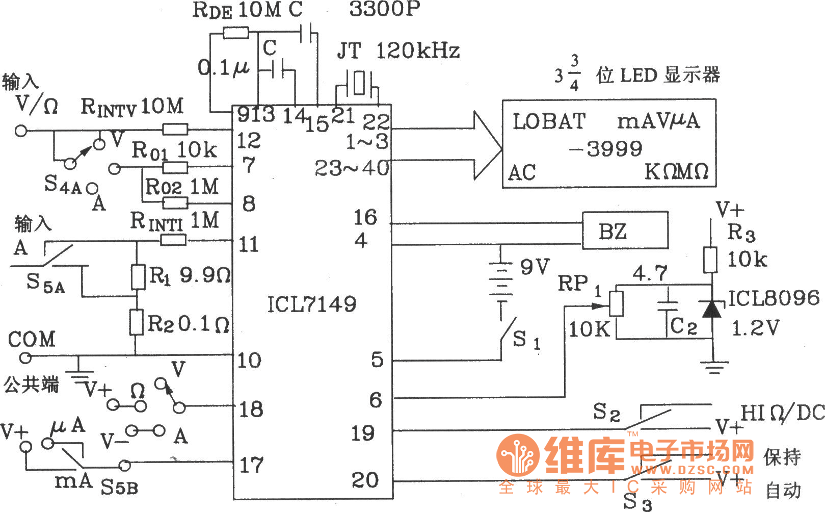 由3 3/4位双积分式A/D转换器ICL7149构成的单片3 1/2位自动转换量程数字万用表电路图