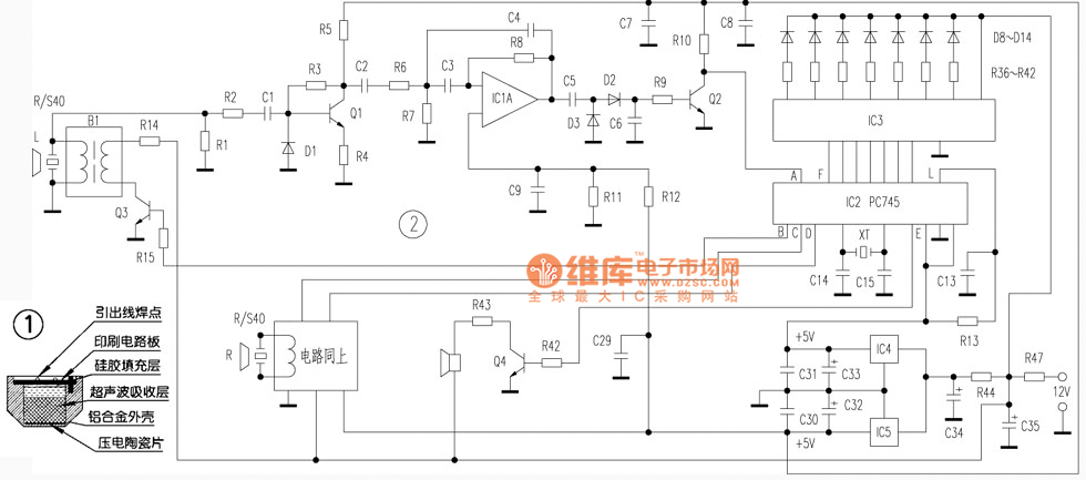 汽车倒车防碰撞的超声波雷达电路图