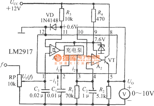 由集成转速/电压转换器LM2917构成的频率／电压转换电路图