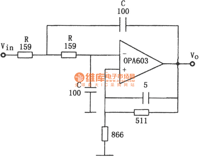 OPA603构成的10MHz低通滤波器电路图