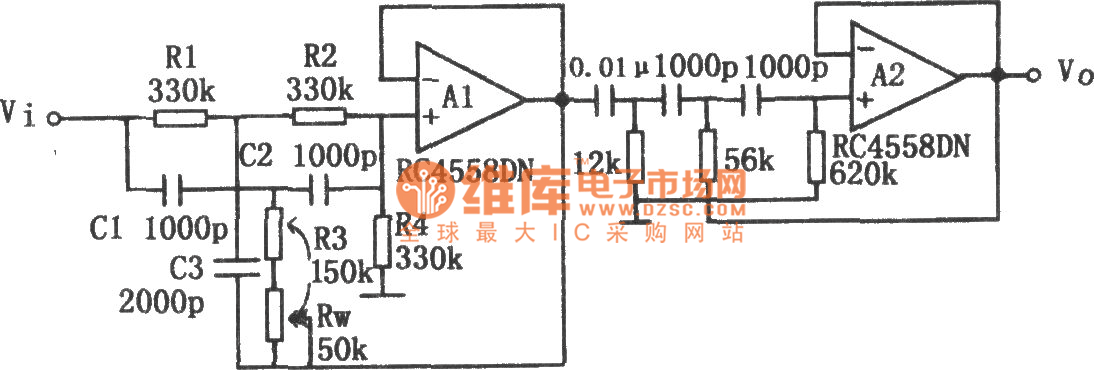 锐截止特性的有源高通滤波器(RC4558DN)电路图
