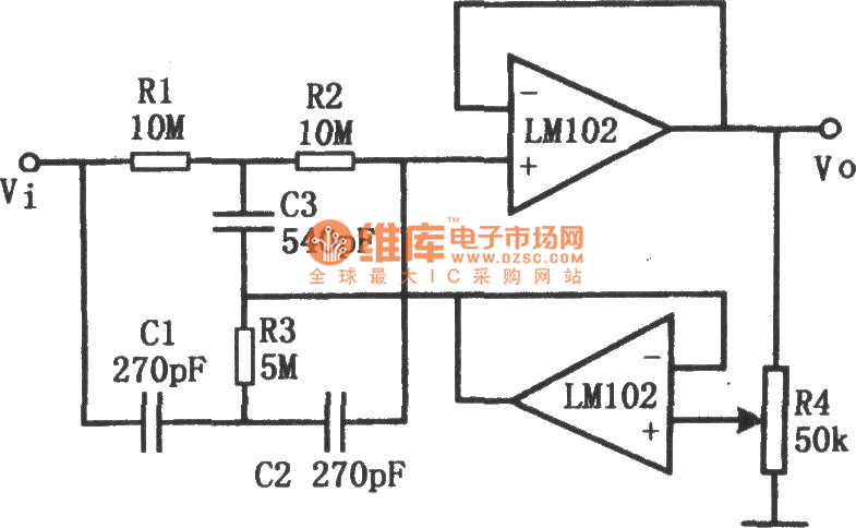 高Q值陷波滤波器(LM102)电路图
