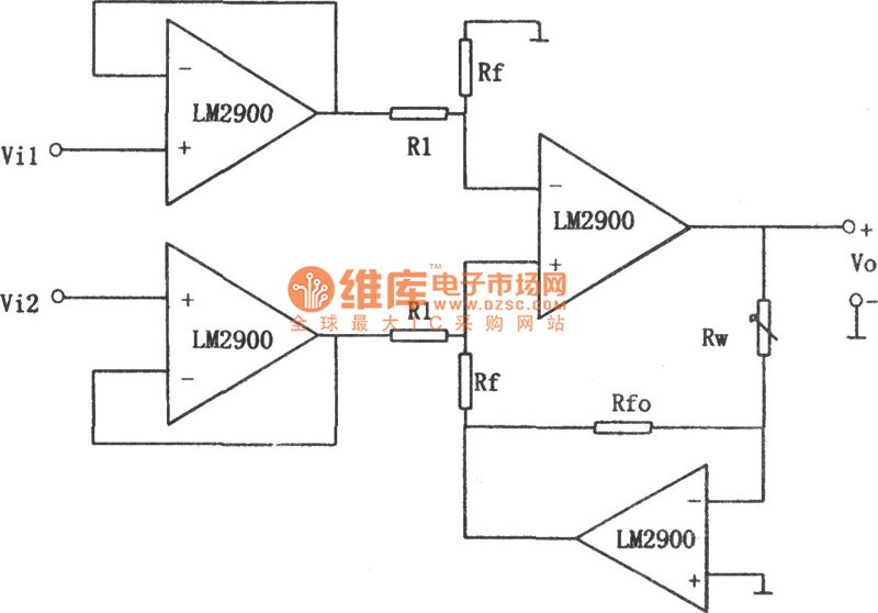 LM2900构成的增益可线性调节的减法电路图 