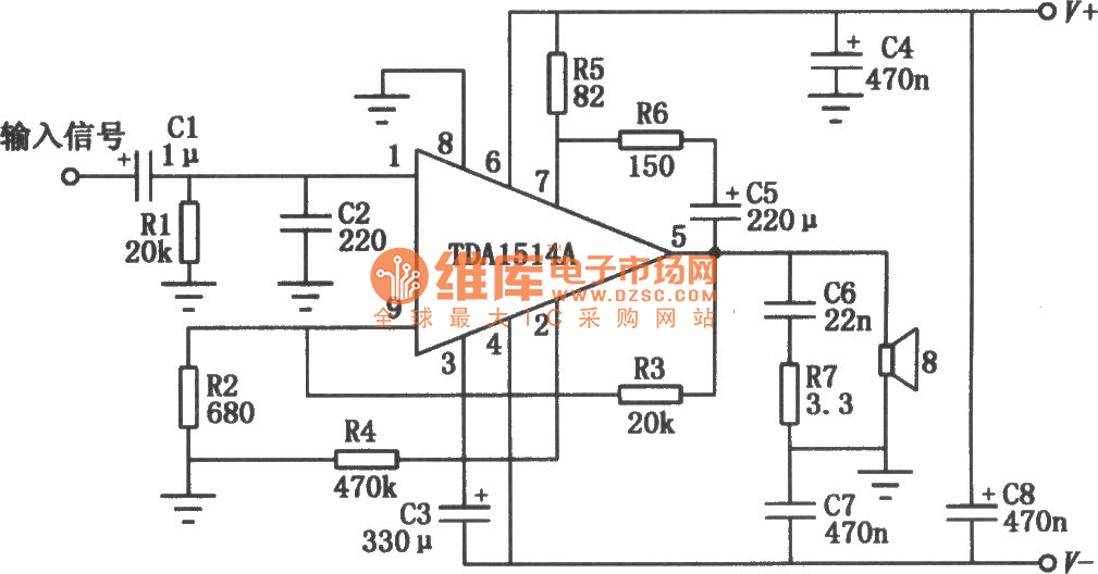 50W高保真集成音频功放电路(TDA1514A)电路图