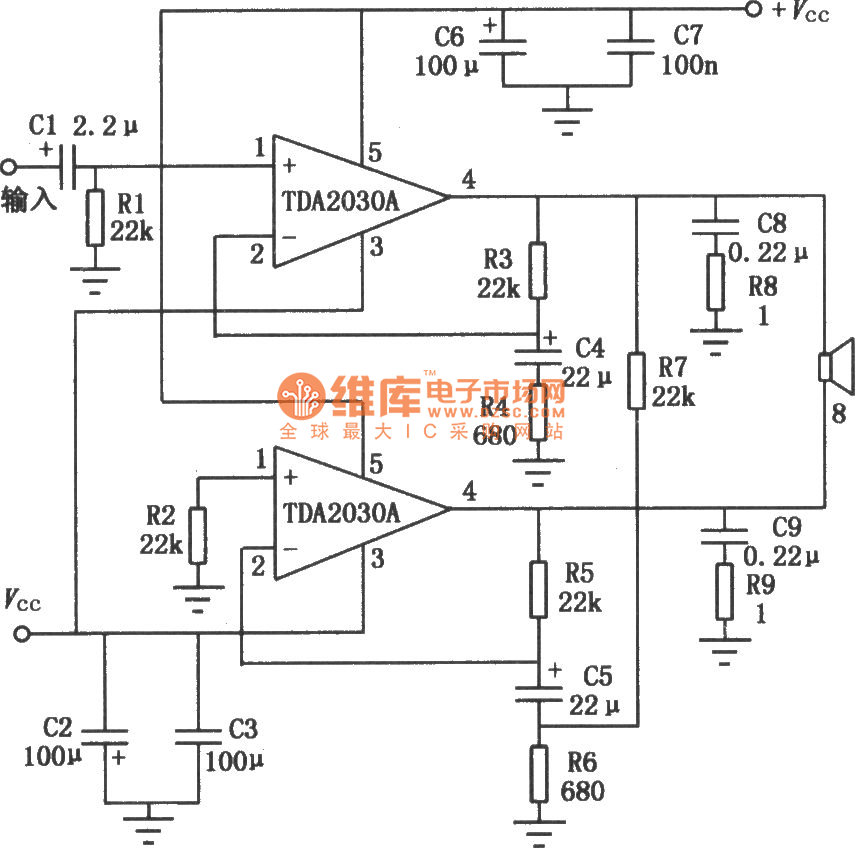 TDA2030A音频功率放大器的BTL应用电路图