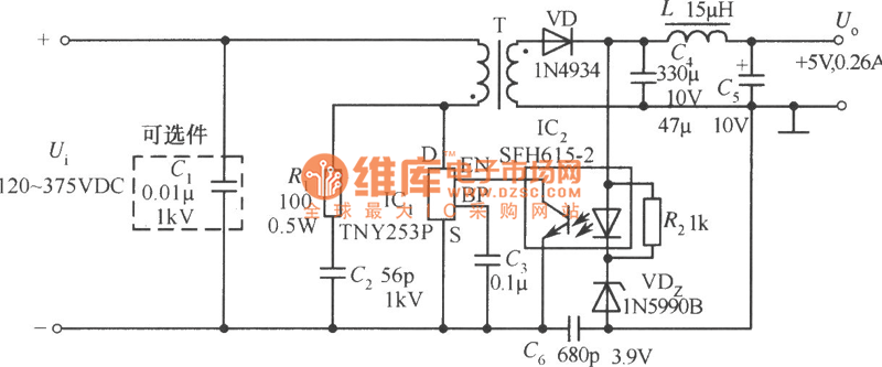 如图所示TNY253P构成的5V、0.26A彩电待机电源电路图 