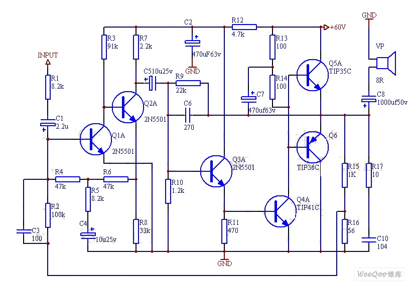自制分立元件50W高保真功率放大器电路图