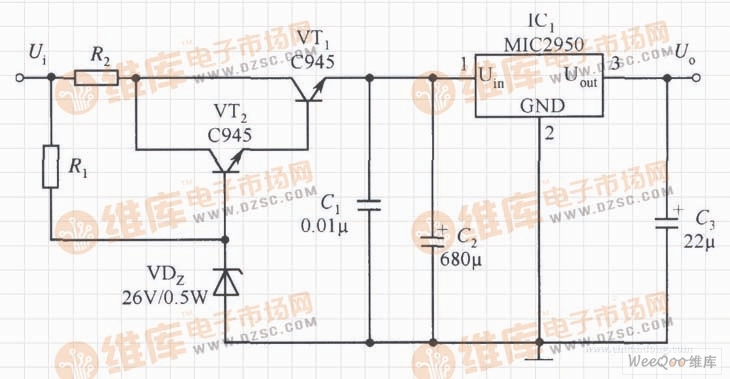提高MIC2950的输入电压范围的稳压器电路