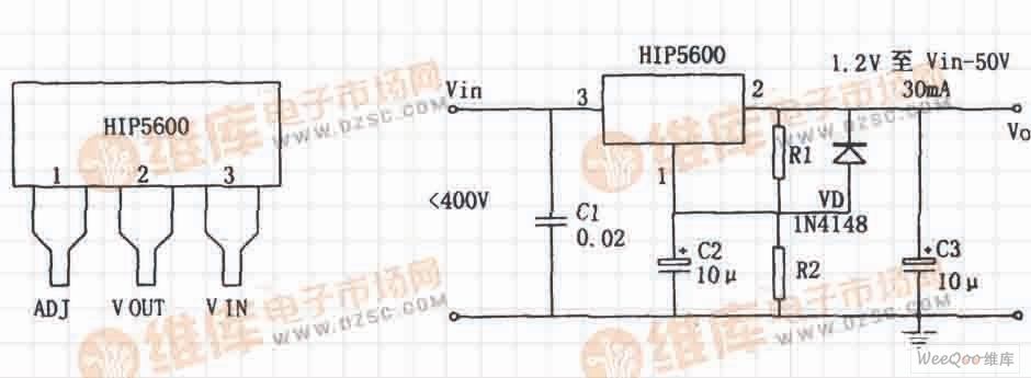 用高压线性稳压器HIP5600构成的小功率无变压器稳压电源