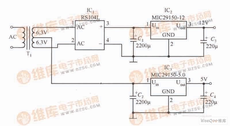 MIC29150-12和MIC29150-5.0稳压器构成的低成本的双路输出的稳压器电路