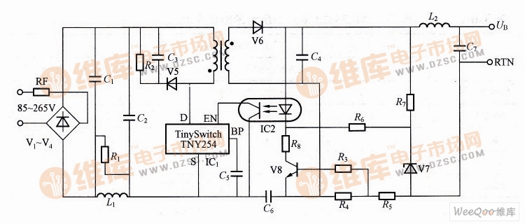 利用TNY254组成的3.6W恒压/恒流移动电话充电器的电路