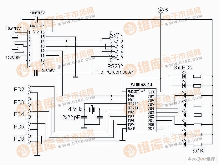 AT90S2313微控制器RS232串口接口电路