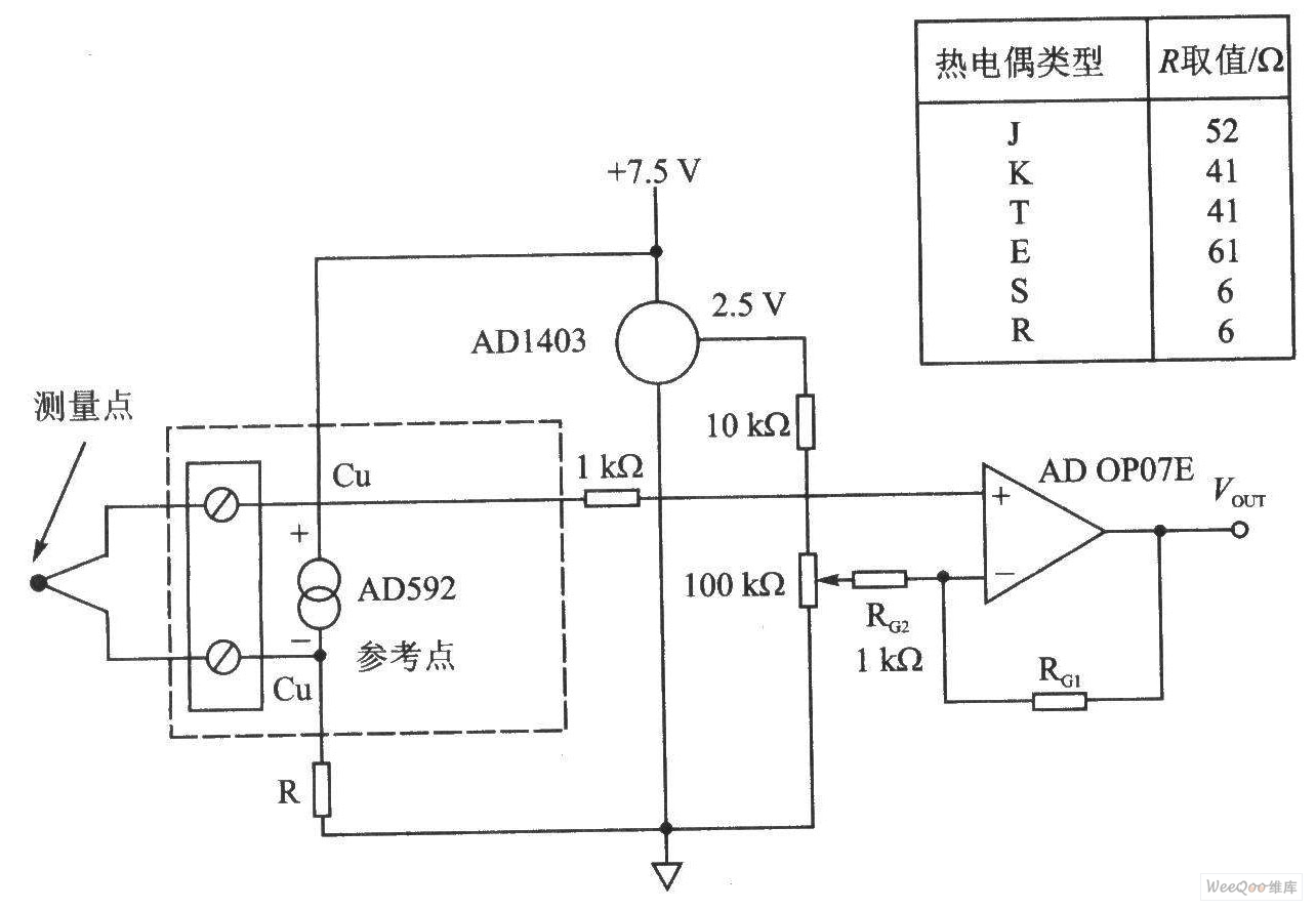 AD592的热电偶冷端补偿电路