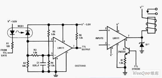LM111比较器组成的光藕传输电路及继电器经动电路