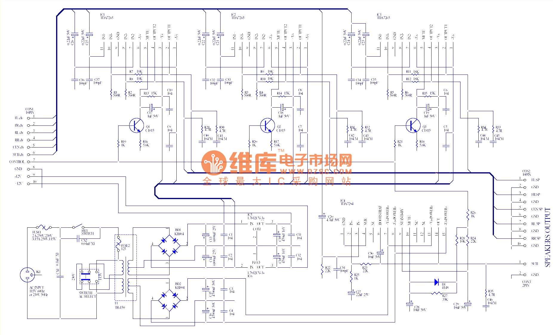 7265功放电路图,tda7266功放电路图 1ch 功放,rms功率 20w*5 90w*1,失真0.03%
