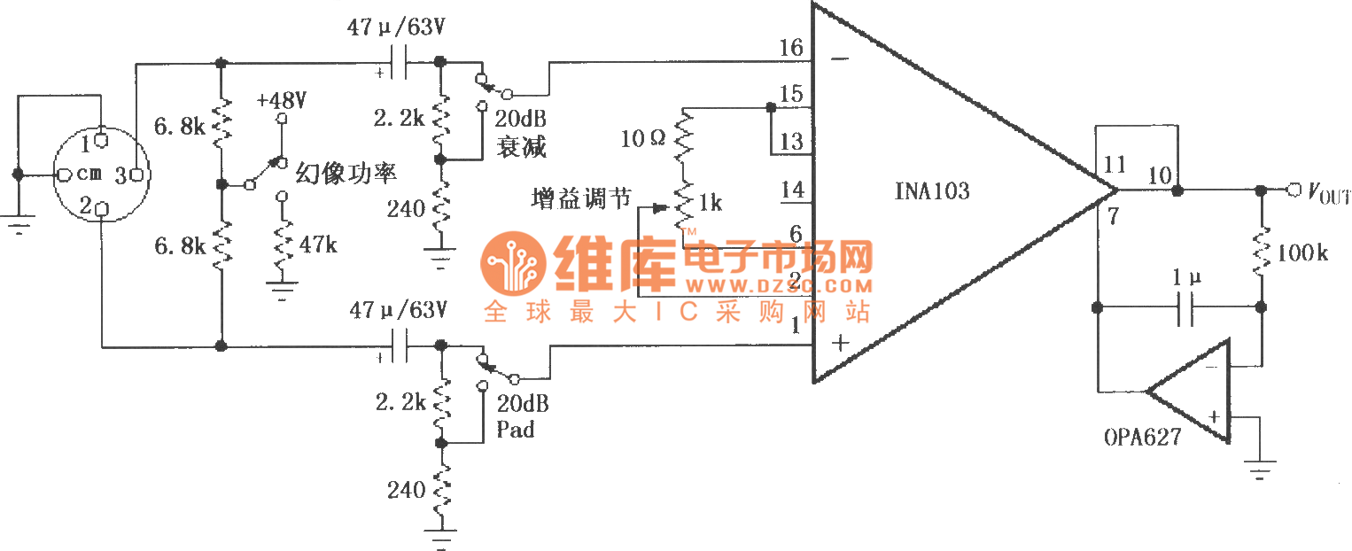 【图】ina103具有幻像功率的话筒前置放大器仪表放大_电路图分享 前置放大器。当幻像功率开关接到+48V时,对话筒提供+48v的直流电压;接到47k时,对话筒提供0V的直流电压。两个20dB衰减联动开关,控制输入信号是否被衰减20dB(即是否分压)。1k增益调节电位器可调节放大器增益,以改变输出信号大小。 OPA627构成输出失调电压控制环路,以控制输出级A3的失调电压。
