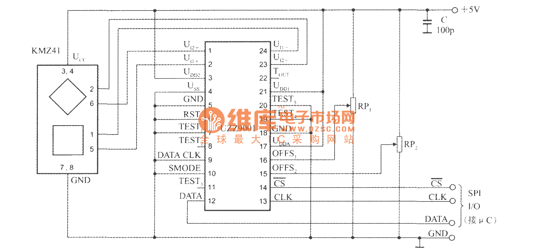 数字输出式角度传感器信号调理器uzz9001的典型应用电路