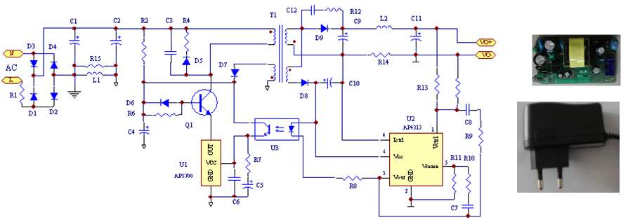图3、AP3700充电器方的原理图、PCB演示板和实物图