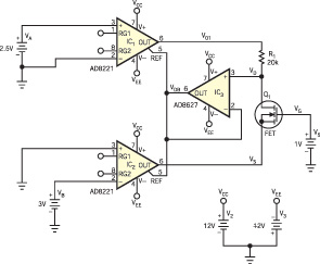 该电路为 ISFET(用于测量流体酸性的传感器)提供理想的偏置