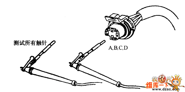 测量A、B、C、D端子与连接器中所有其他端子间电阻