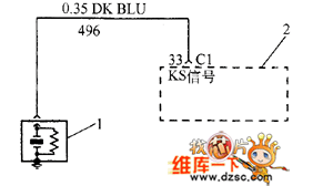 图3 爆震（KS）传感器线路图　　1爆震传感器（KS）；2动力系统控制模块（PCM）