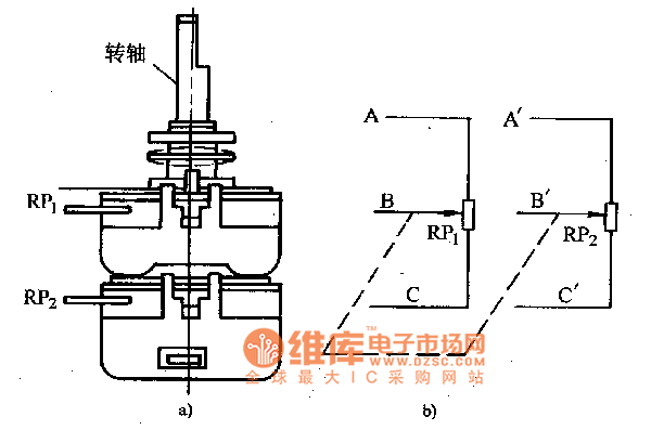 同轴双连电位器的外形和符号电路图