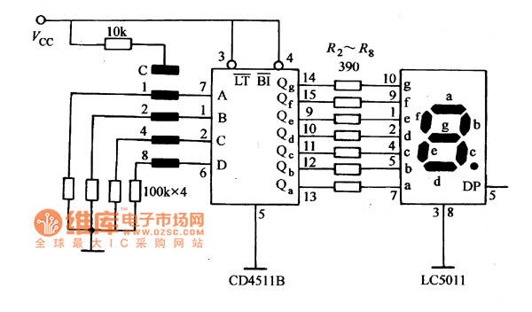 用8421开关制作的一位十进制数字显示器电路原理图