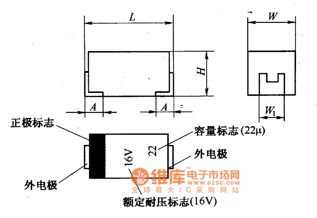CA45型片状钮电解电容器外形电路图