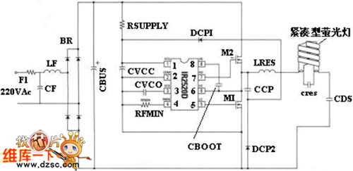  IC于紧凑荧光灯(CFL)的示意图