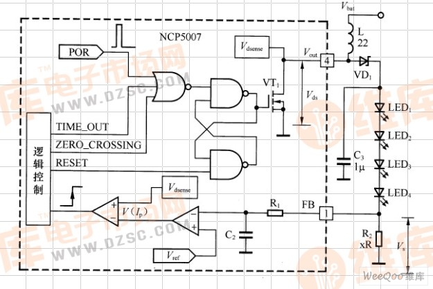 基于NCP5007的升压型LED驱动电路工作原理图