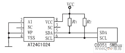 AT24C1024与C805lF340的硬件连接图