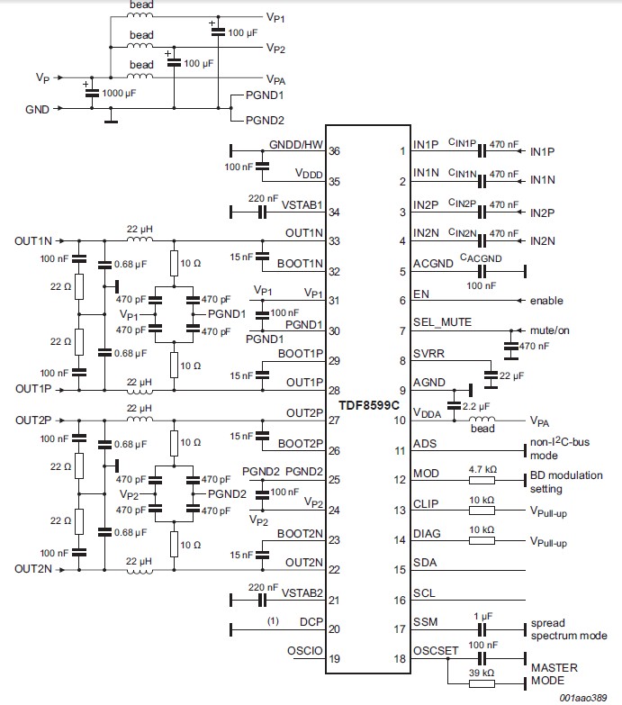 图3.TDF8599C应用电路图：非I2C总线模式双BTL连接