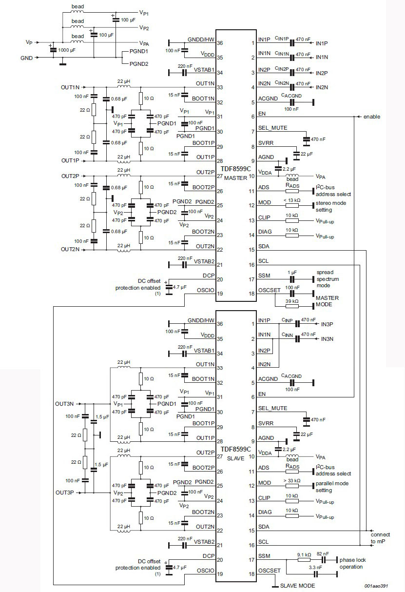图5.TDF8599C应用电路图：I2C总线模式的双BTL主，单BTL从