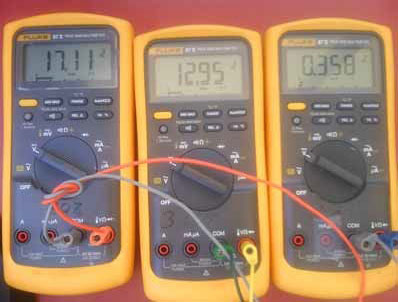 图 5:万用表显示 17.11V 太阳能电池板输出，12.95V 电池充电电压；3.58A 电池充电电流