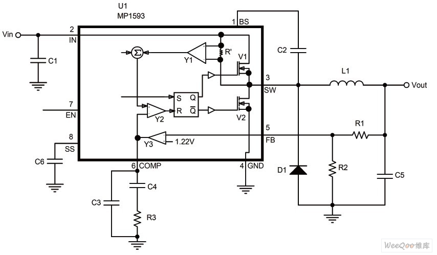 MP1593 典型的外部应用电路及部分内部原理图