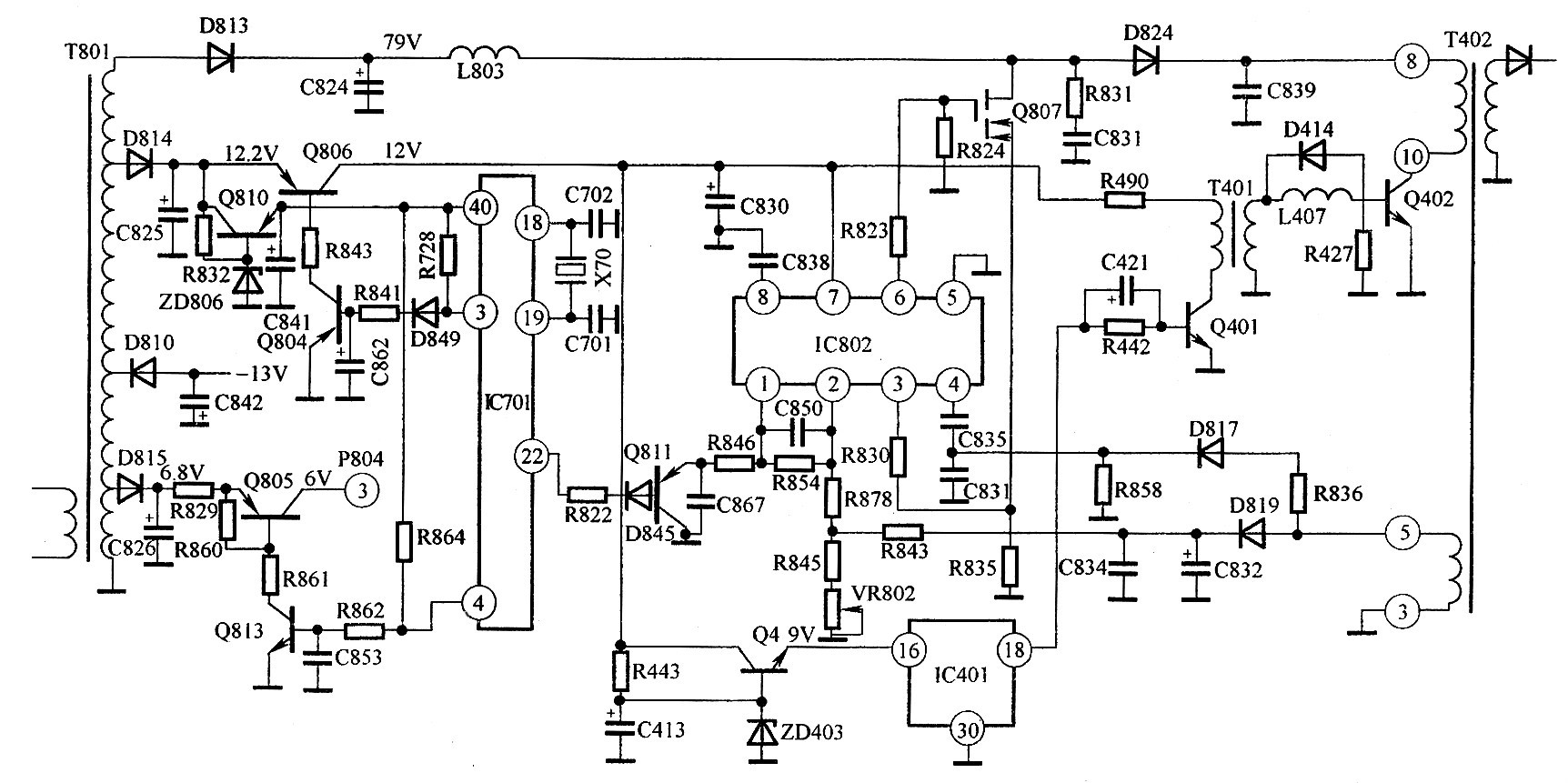图2 爱国者PA55A/AS 彩显节能控制及行输出电源电路图
