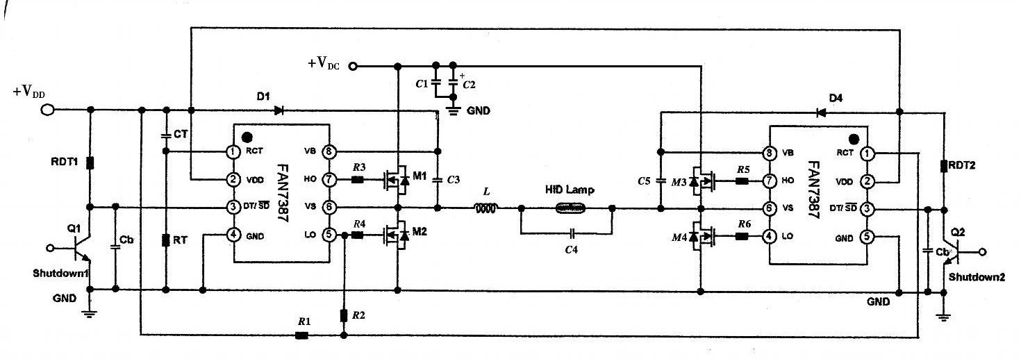 图8  由两片FAN7387组成的HID灯全桥转换器电路