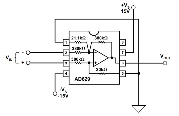 图6:高压仪表放大器IC AD629提供± 500 V输入过压保护；仅采用单个器件，极其简单，并且实现了防故障关断操作