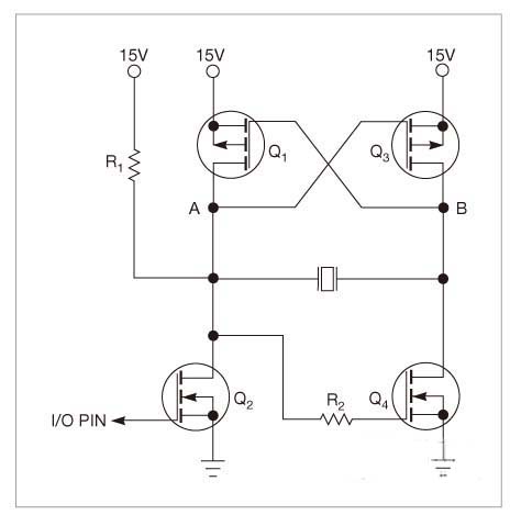 一只微控制器I/O引脚驱动这个电路，在压电蜂鸣器两端产生一个交流电压