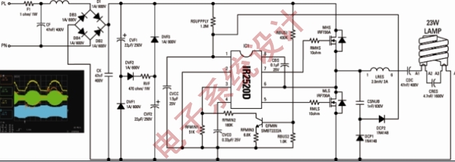 图1:采用IR2520D的电子CFL镇流器电路。