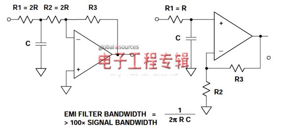 图3:用于运算放大器电路的简单EMI/RFI噪声滤波器