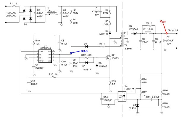 图2:这种5V/5W反向通过限制峰值变压器电流实现功率限制