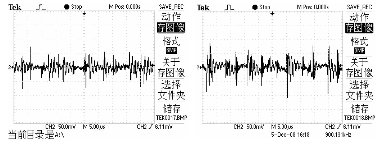 图 6 空载时，输出电压纹波波形（左）满载时，输出电压纹波波形（右）。