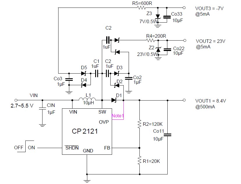 Figure 3 三倍电压输出为TFT 模组提供23V